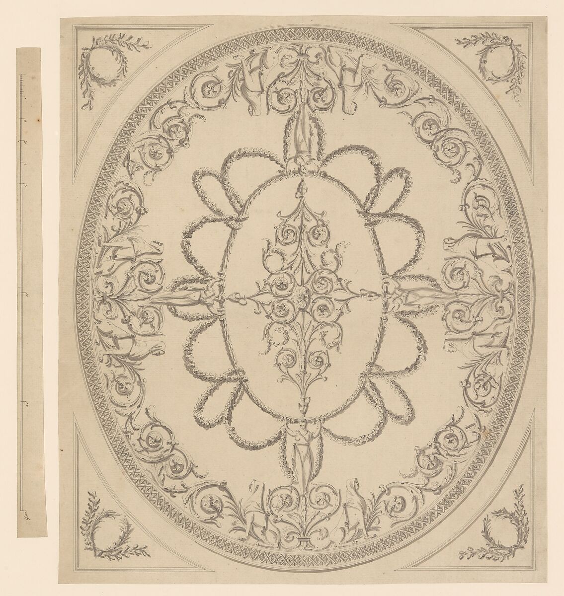 Design for a Ceiling, an Oval within a Square, having a Criss-cross Border to the Oval, for Ampthill Park, Bedfordshire, Sir William Chambers (British (born Sweden), Göteborg 1723–1796 London), Pen and gray ink, brush and gray wash 