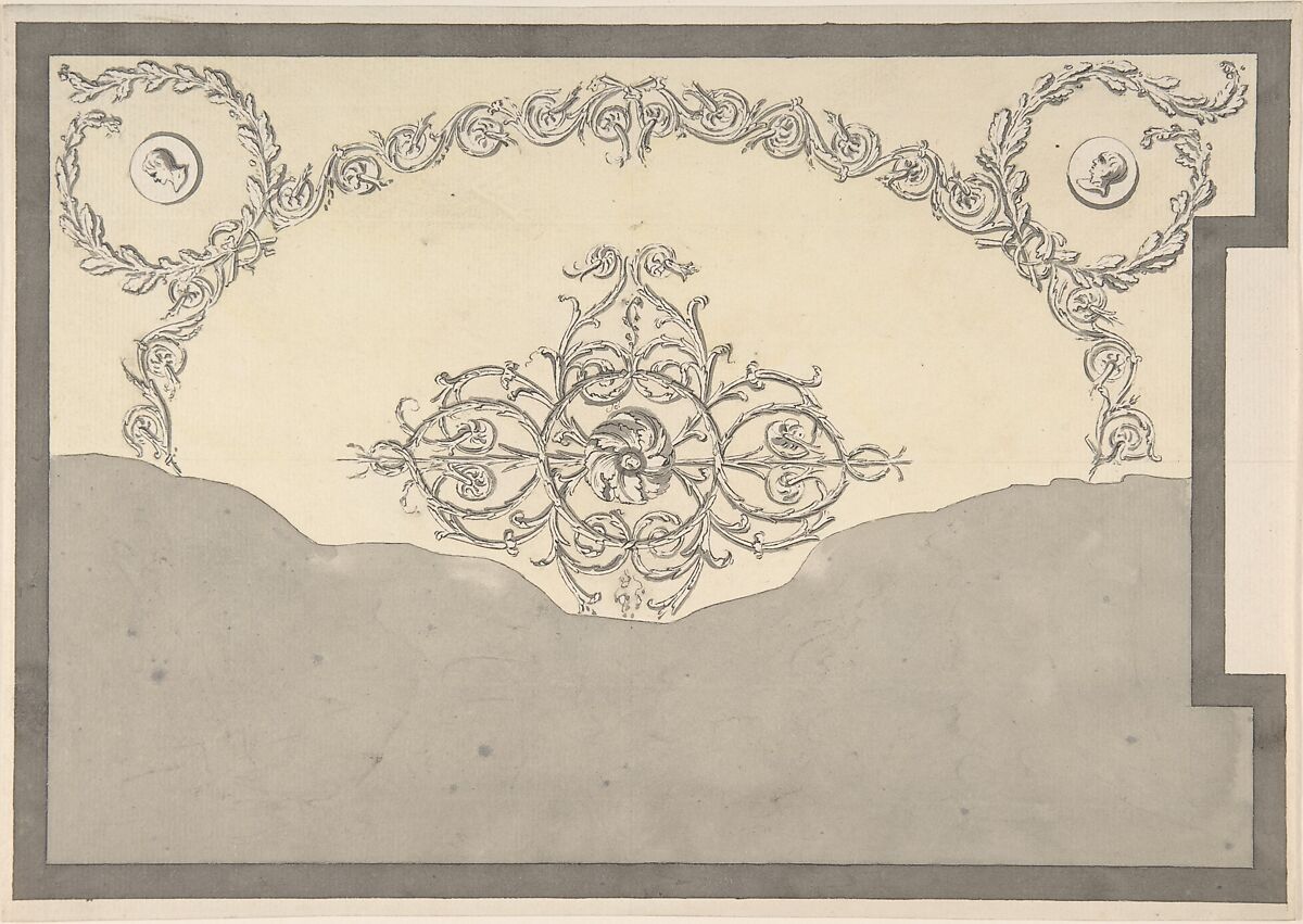Design for Ceiling, either for 13 Berners Street, Westminster, London, or Whitton Park, Middlesex, Sir William Chambers (British (born Sweden), Göteborg 1723–1796 London), Pen and brown ink, brush and wash 