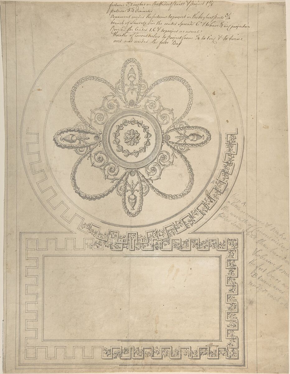 Design for a Ceiling, Ampthill Park, Bedfordshire (Half plan), Sir William Chambers (British (born Sweden), Göteborg 1723–1796 London), Pen and ink, brush and wash 