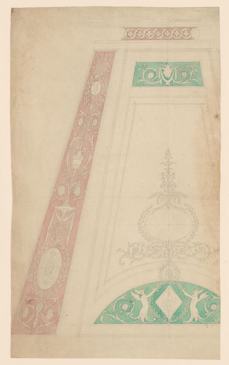 Design for a Ceiling, Sir William Chambers (British (born Sweden), Göteborg 1723–1796 London), Graphite, brush and pink and green wash 
