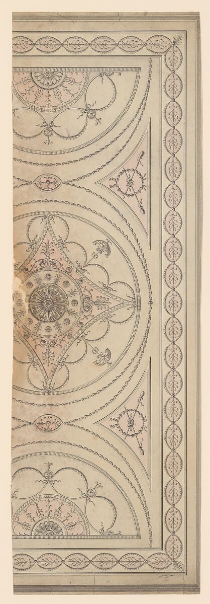 Half Plan of a Ceiling with an Oval Center and Semicircular Ends, Sir William Chambers (British (born Sweden), Göteborg 1723–1796 London), Pen and gray ink, brush and pink wash 