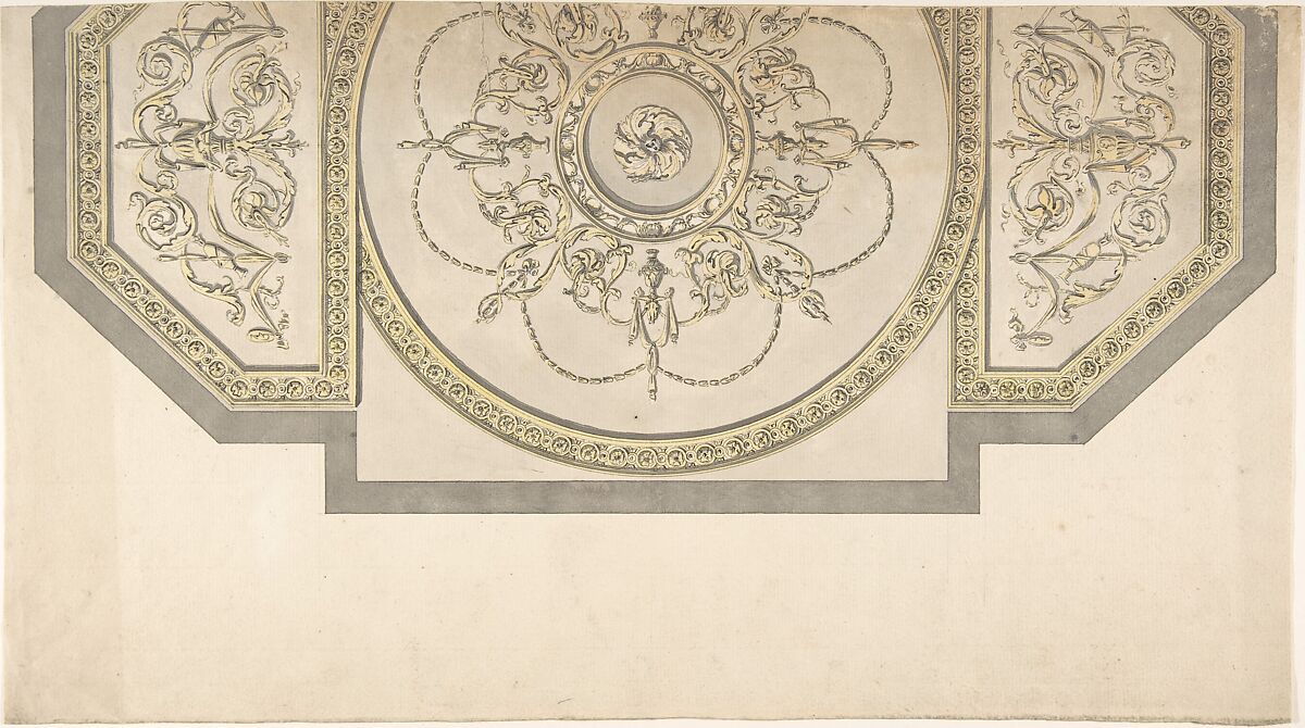 Design for the Gallery ceiling, Richmond House, Whitehall, London, Sir William Chambers (British (born Sweden), Göteborg 1723–1796 London), Pen and ink, brush and wash, watercolor 