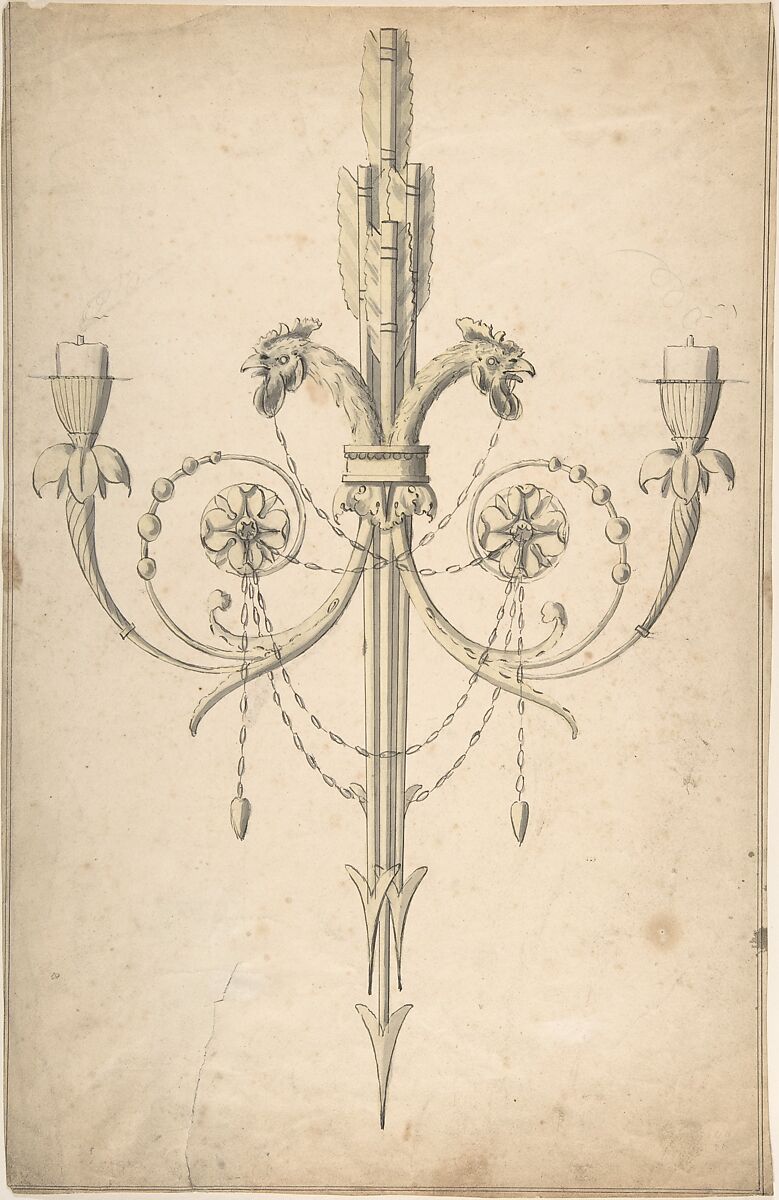 Design for a Girandole Composed of Three Clasping Arrows and Candle-branches Terminating in Cockerel Heads, Sir William Chambers (British (born Sweden), Göteborg 1723–1796 London), Pen and ink, brush and wash 