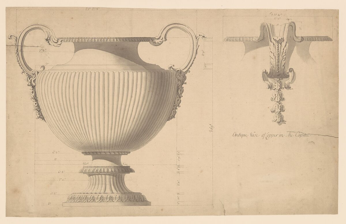 Antique Vase of Copper in the Capitol, Sir William Chambers (British (born Sweden), Göteborg 1723–1796 London), Pen and ink, brush and gray wash 