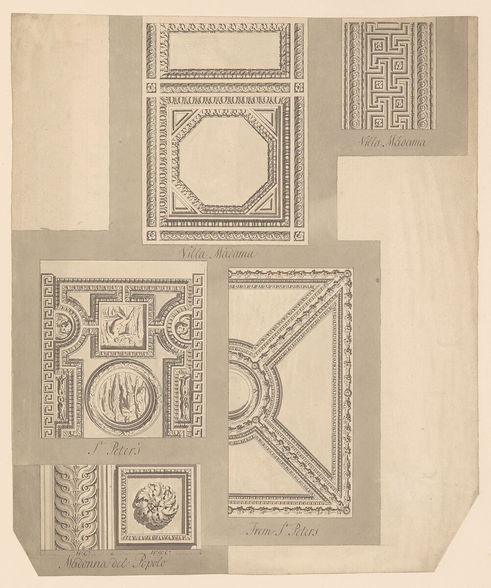 Details of Ceilings, Villa Madama, St. Peter's and Madonna del Popolo, Sir William Chambers (British (born Sweden), Göteborg 1723–1796 London), Pen and ink, brush and gray wash 