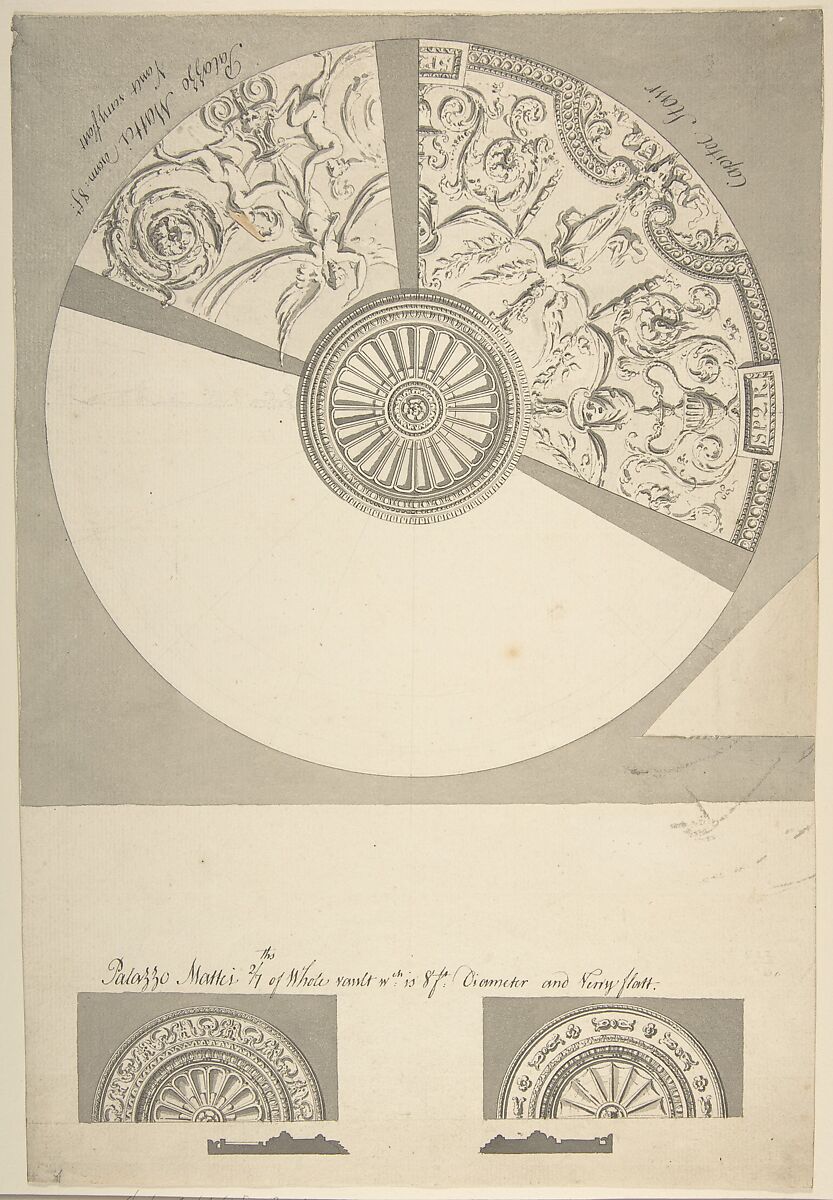 Ceiling Vault of Palazzo Mattei, Rome, Sir William Chambers (British (born Sweden), Göteborg 1723–1796 London), Pen and gray ink, brush and gray wash 