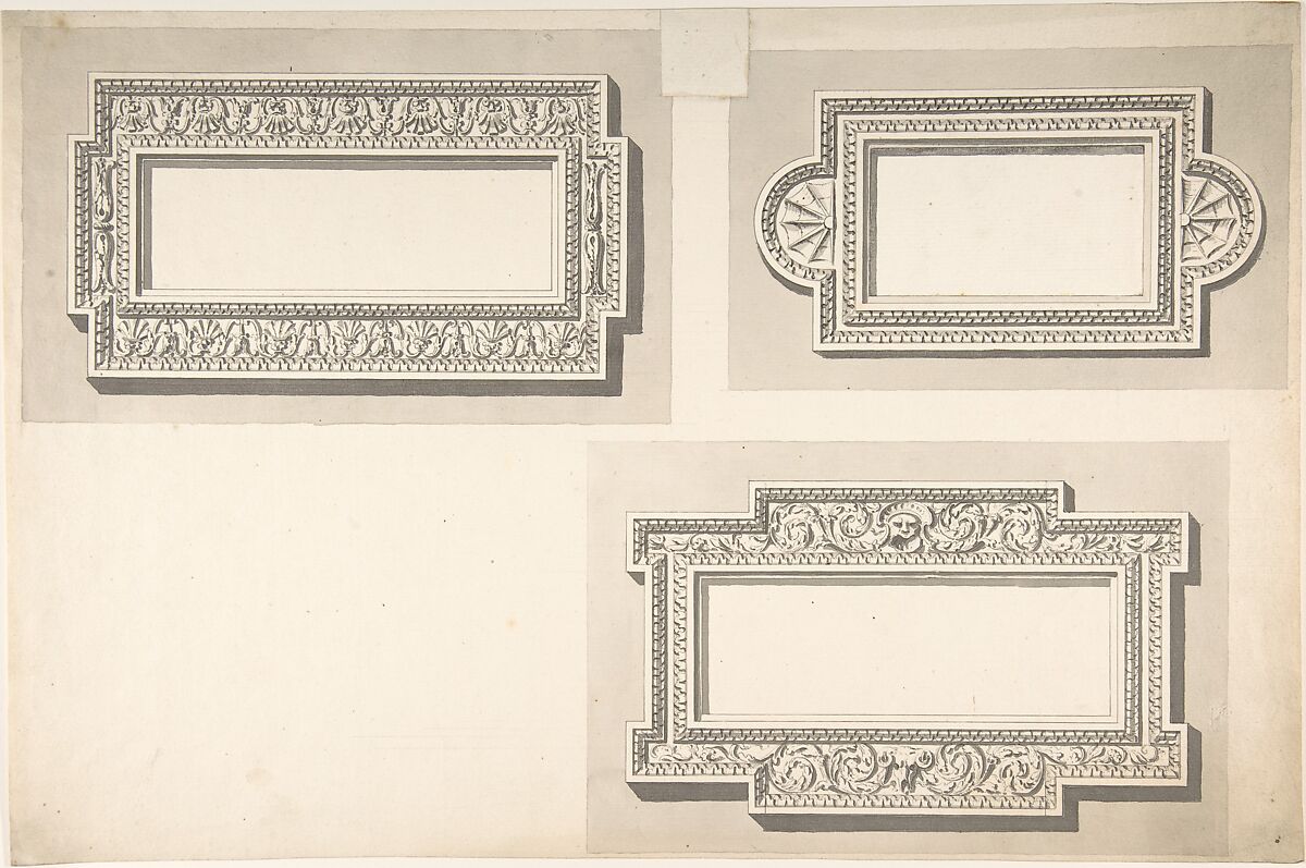 Design for Three Stucco Frames, Sir William Chambers (British (born Sweden), Göteborg 1723–1796 London), Pen and ink, brush and gray wash 