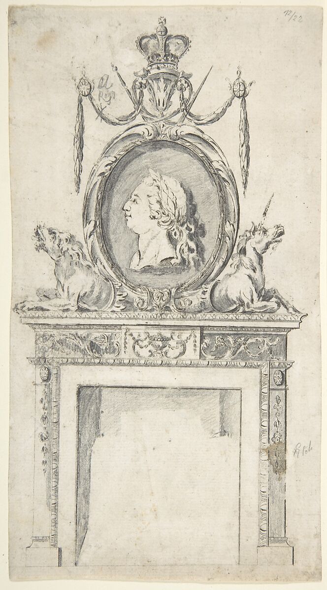 Design for a Chimneypiece, Incorporating a Portrait of George III, Sir William Chambers  British, born Sweden, Pen and brown ink, brush and gray wash, over graphite