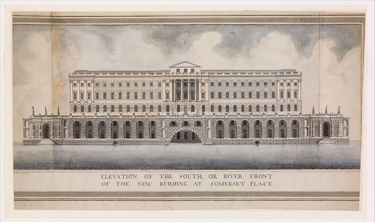 Elevation of the South, or River Front of the New Building at Somerset Place, After Sir William Chambers (British (born Sweden), Göteborg 1723–1796 London), Pen and ink, brush and wash 