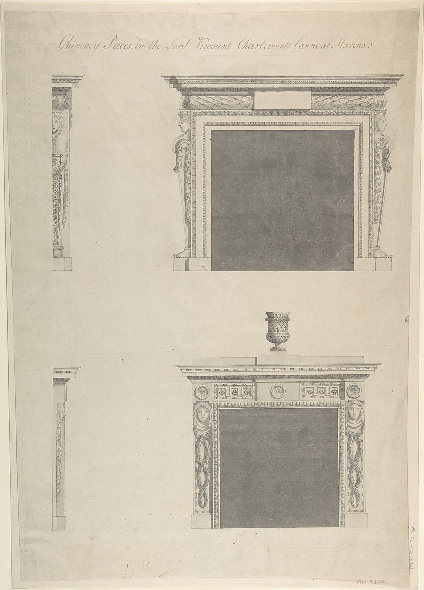 Designs for Two Chimney-pieces in Lord Viscount Charlemont's Casino at Marino, Dublin, Sir William Chambers (British (born Sweden), Göteborg 1723–1796 London), Pen and ink, brush and gray wash 