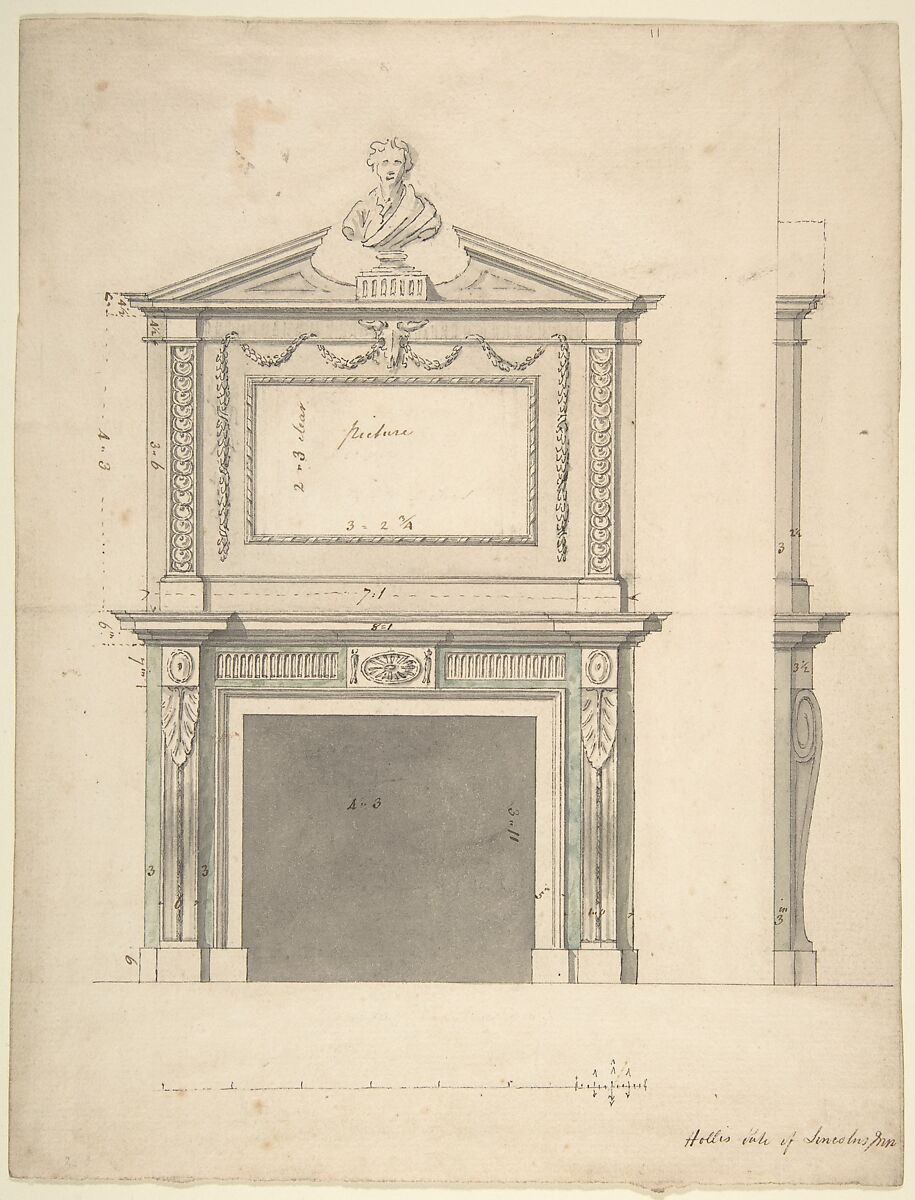 Design for a Chimney-piece, for Thomas Hollis of Lincoln's Inn, London, Sir William Chambers (British (born Sweden), Göteborg 1723–1796 London), Pen and brown ink, brush and gray wash, touches of watercolor 