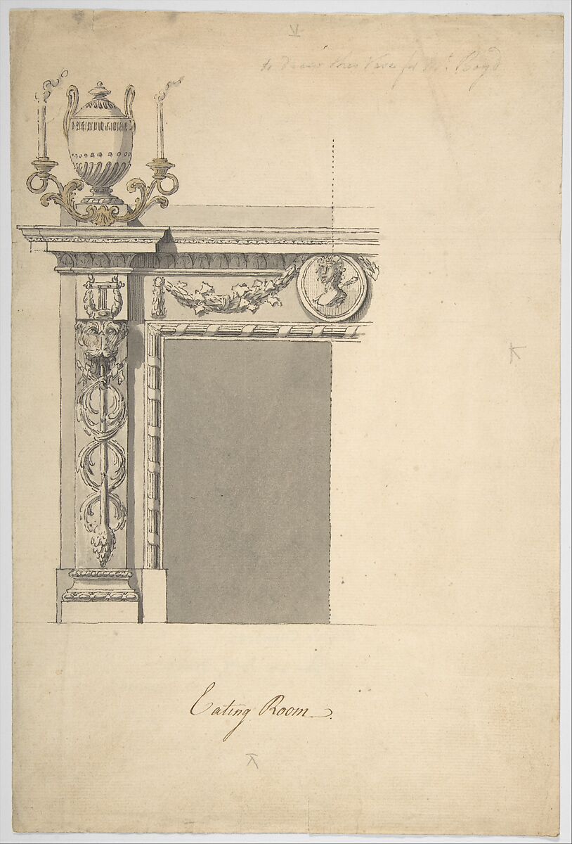 Design for a Chimneypiece in the Eating-room, Danson Park, Kent, Sir William Chambers (British (born Sweden), Göteborg 1723–1796 London), Pen and brown ink, brush and wash 