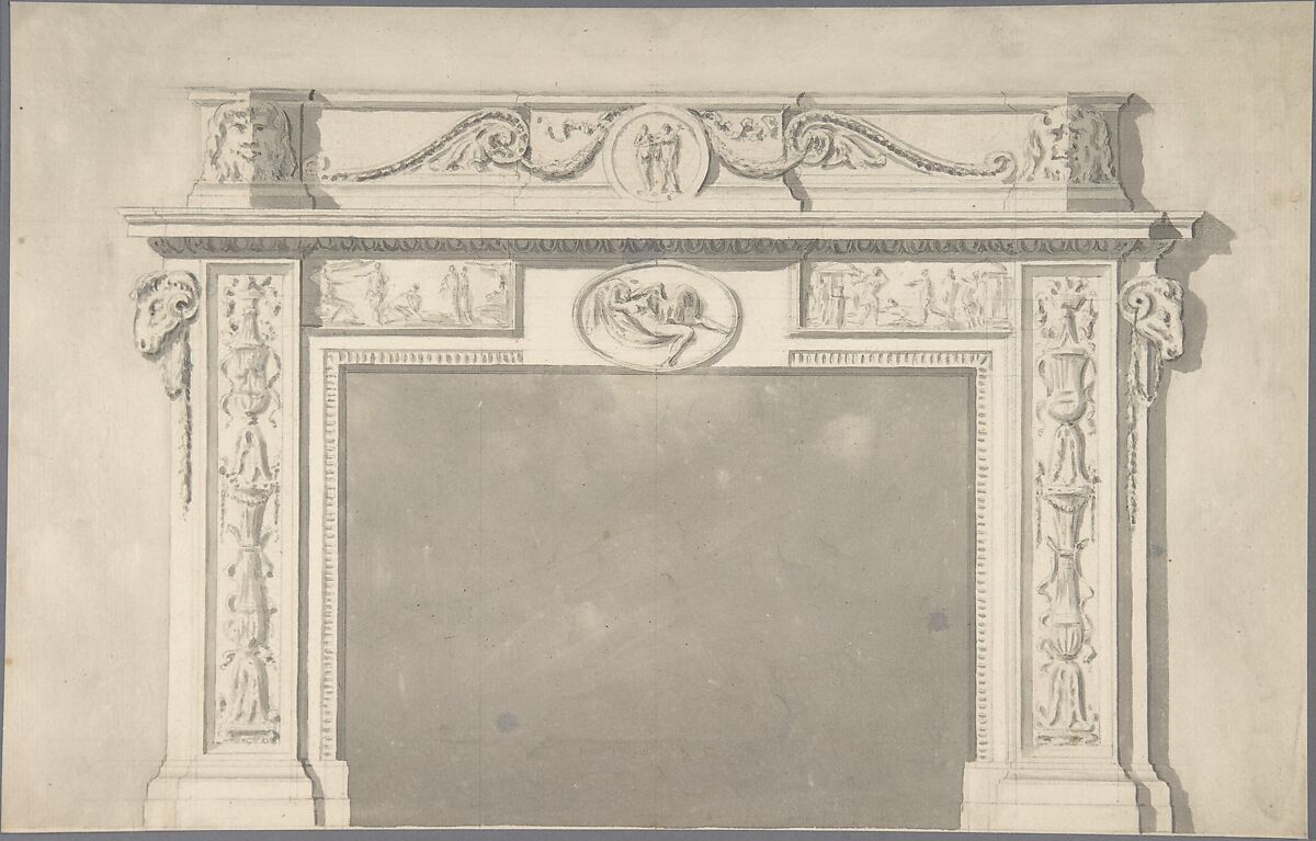 Design for a Classical Chimneypiece with Rams Heads, and Leda and the Swan., Sir William Chambers (British (born Sweden), Göteborg 1723–1796 London), Pen and ink, brush and wash 
