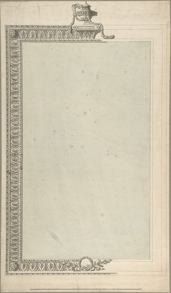 Design for a Pier-glass, of Tall Oblong Form, the Border a Palmette Frieze, the Termination an Urn, Sir William Chambers (British (born Sweden), Göteborg 1723–1796 London), Pen and ink, watercolor 