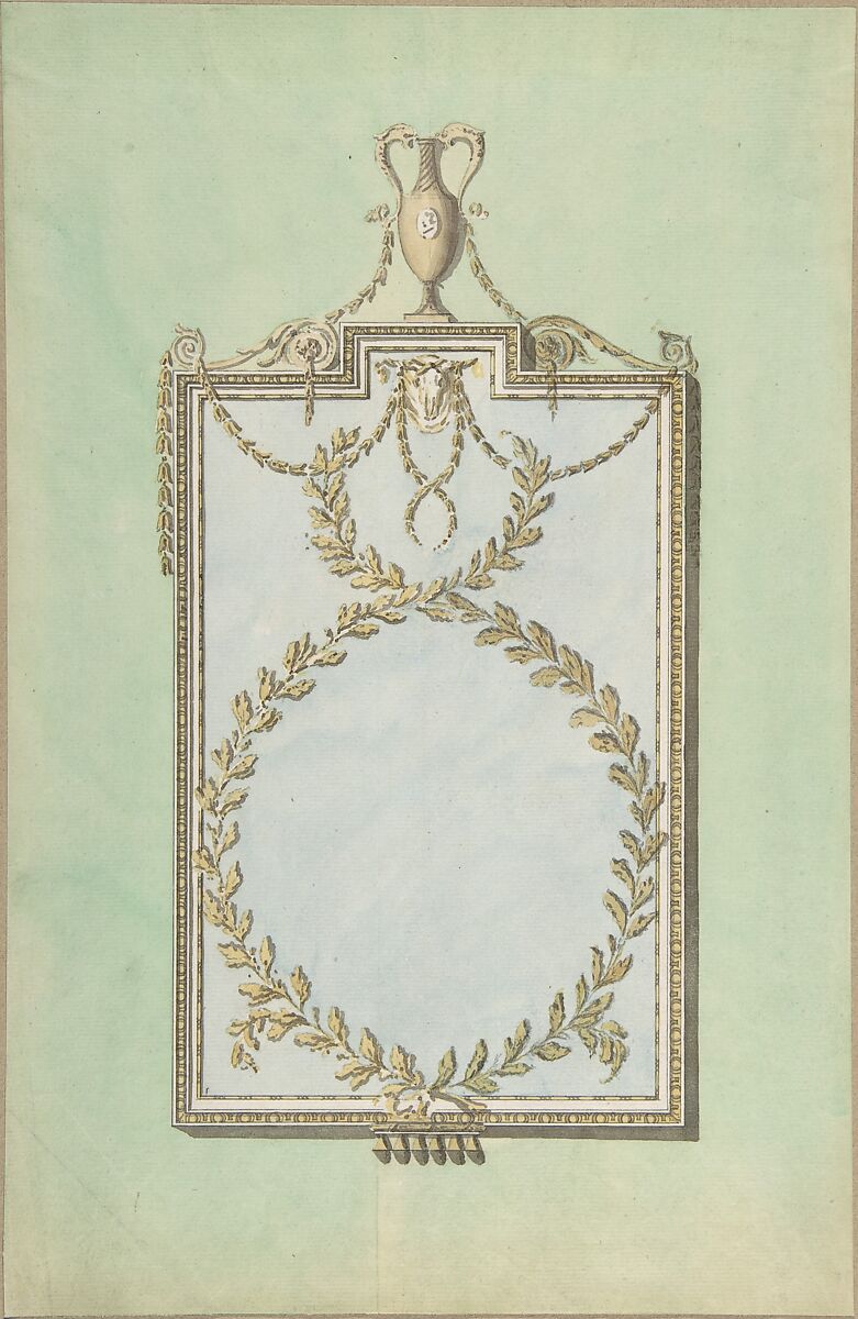 Design for a Mirror Surmounted by a Vase, John Yenn (British, London (?) 1750–1821 London), Pen and ink, brush and wash, watercolor 