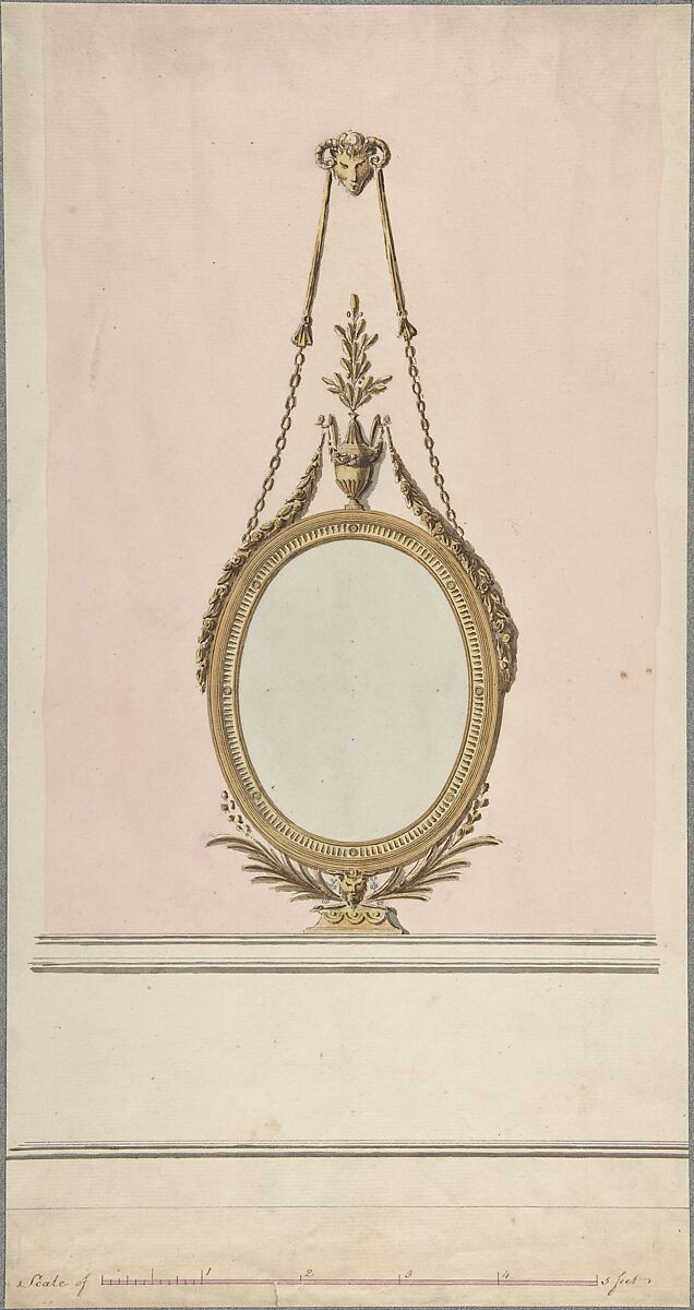 Design for an Oval Mirror, John Yenn (British, London (?) 1750–1821 London), Pen and ink, brush and wash, watercolor 