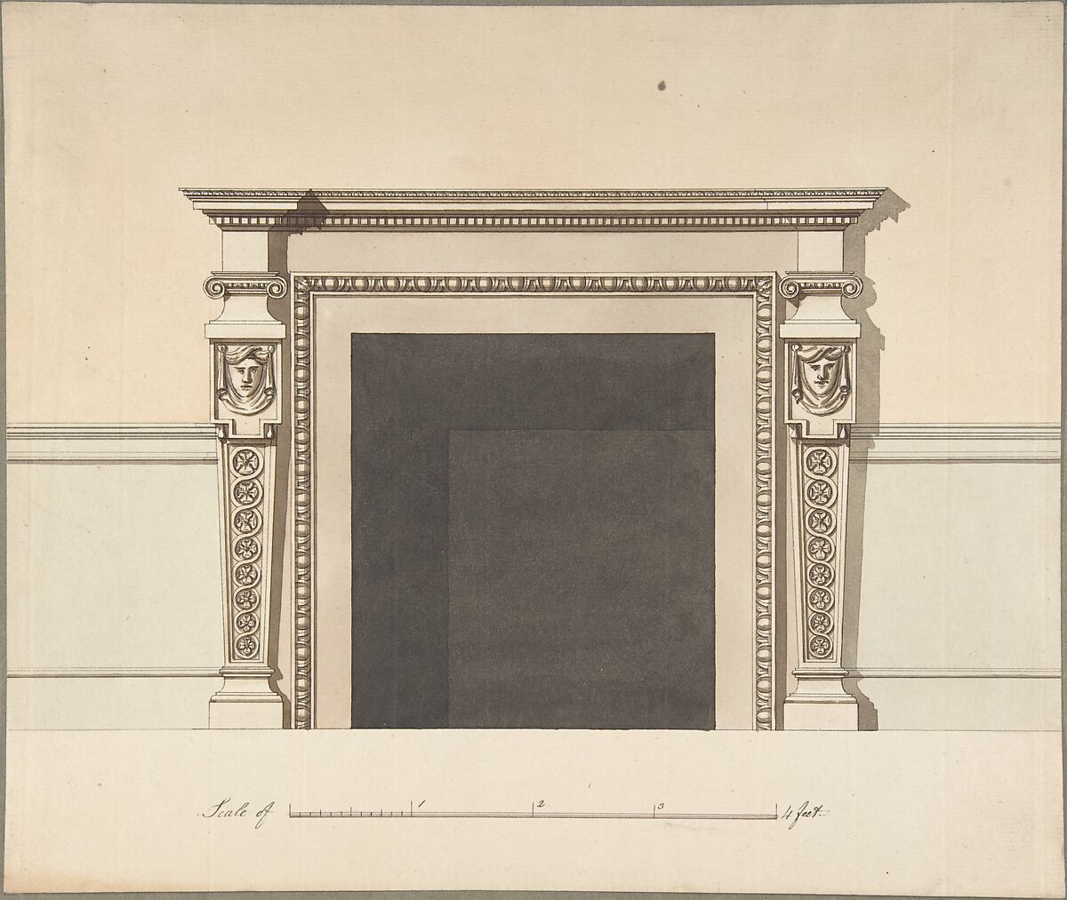 Design for a Chimneypiece, John Yenn (British, London (?) 1750–1821 London), Pen and ink, brush and wash, watercolor 