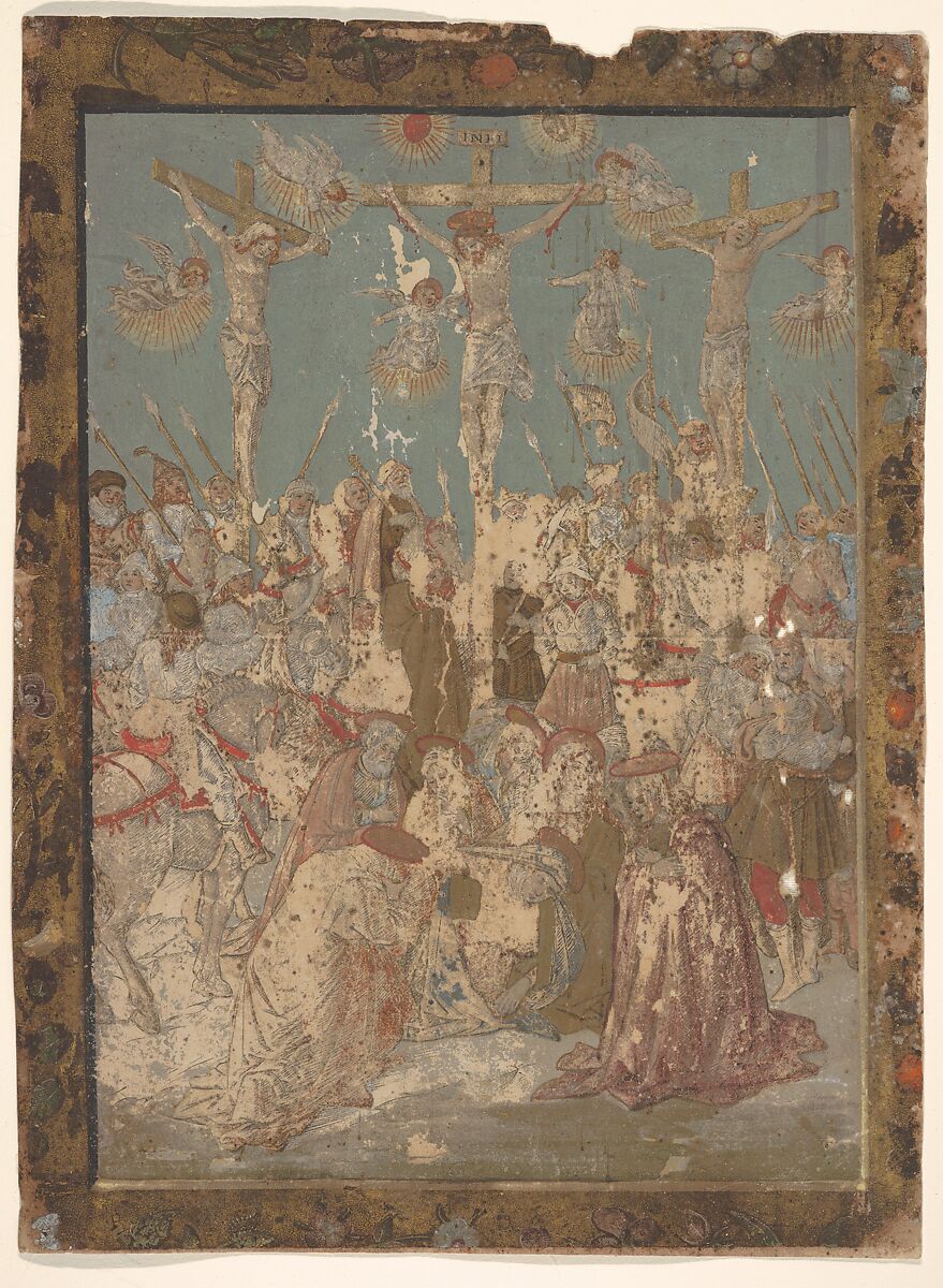 Calvary, from Life of the Virgin and Christ, Francesco Rosselli (Italian, Florence 1448–1508/27 Venice (?)), Hand-colored engraving; second state of three (Bartsch) 