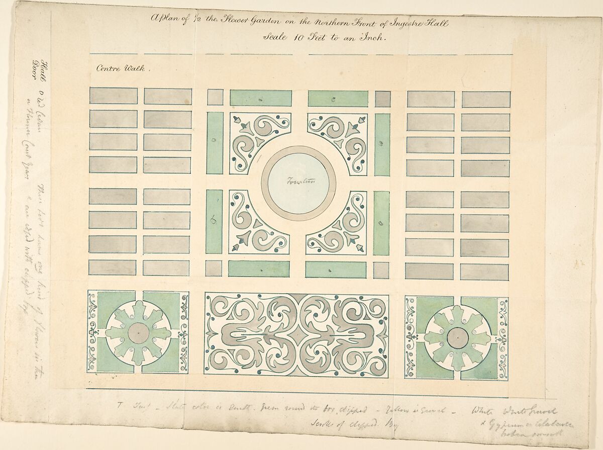 Plan of the Flower Garden on the Northern Front, Ingestre Hall, Staffordshire, Sir Charles Chetwynd, 2nd Earl Talbot (British, 1777–1849), Pen and colored washes 
