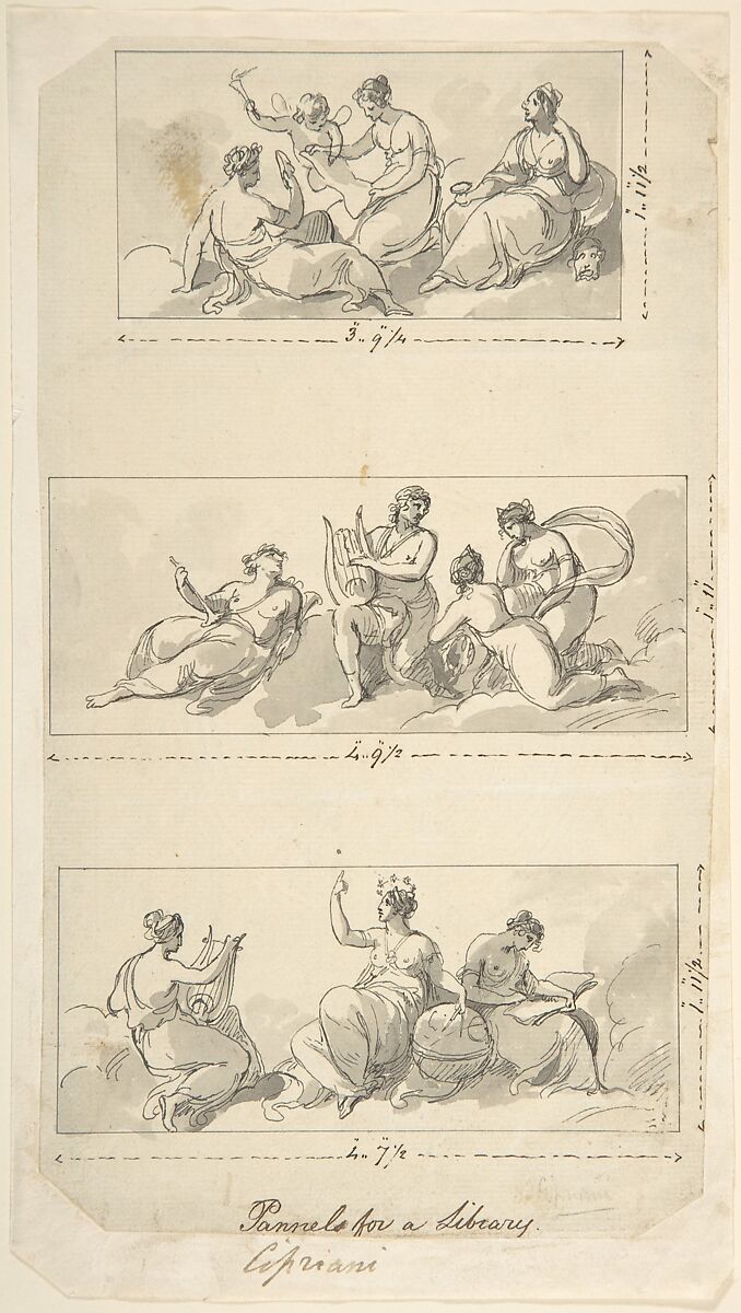 Design for Three Panels for a Library, Giovanni Battista Cipriani (Italian, Florence 1727–1785 Hammersmith (active London)), Pen and brown ink, brush and gray wash 