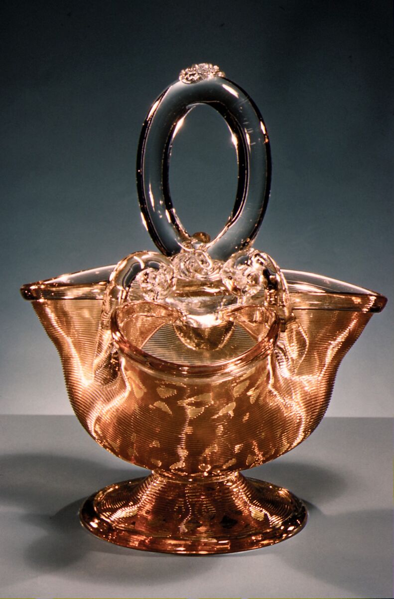 Basket, Possibly Boston &amp; Sandwich Glass Company (American, 1825–1888, Sandwich, Massachusetts), Blown amber and colorless glass with applied threaded decor, American 