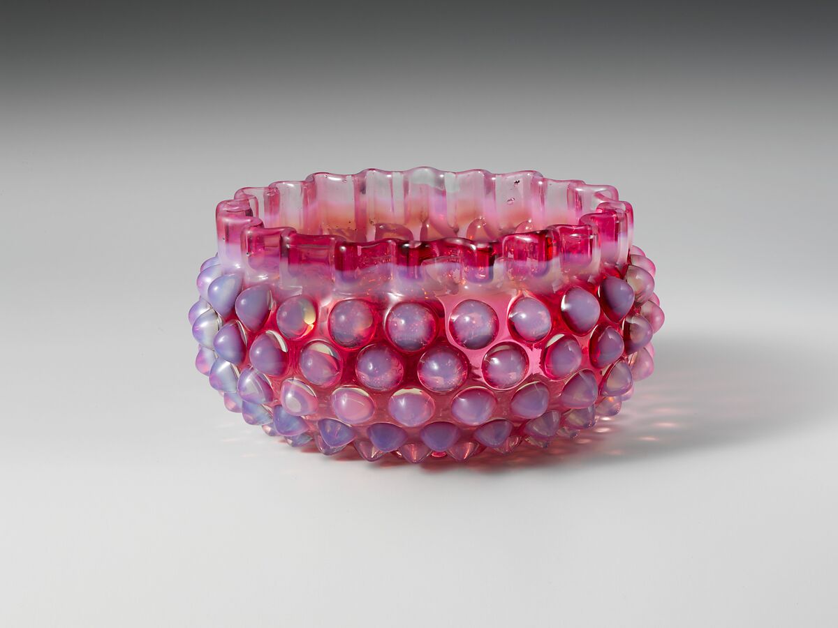 Hobnail Finger Bowl, Probably Hobbs, Brockunier and Company (1863–1891), Pressed cranberry and opalescent glass, American 