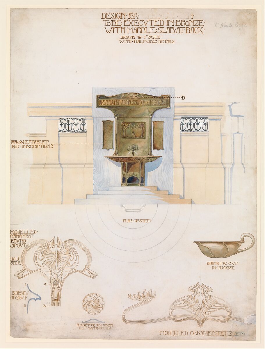 Design for a Fountain to be Executed in Bronze with a Marble Slab at the Back, Kay Maude Coggin (British, active 1890s), Brush and wash and watercolor, over graphite 