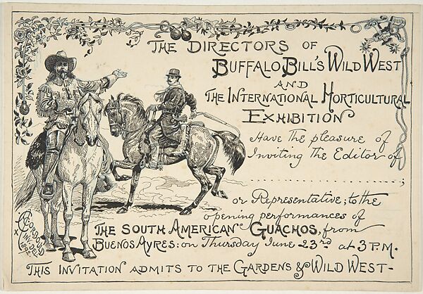 Invitation to the South American Gauchos by the directors of Buffalo Bill's Wild West Show, Alfred Chantrey Corbould (British, London 1852–1920 London), Pen and black ink over blue chalk and graphite with touches of white gouache (bodycolor) 