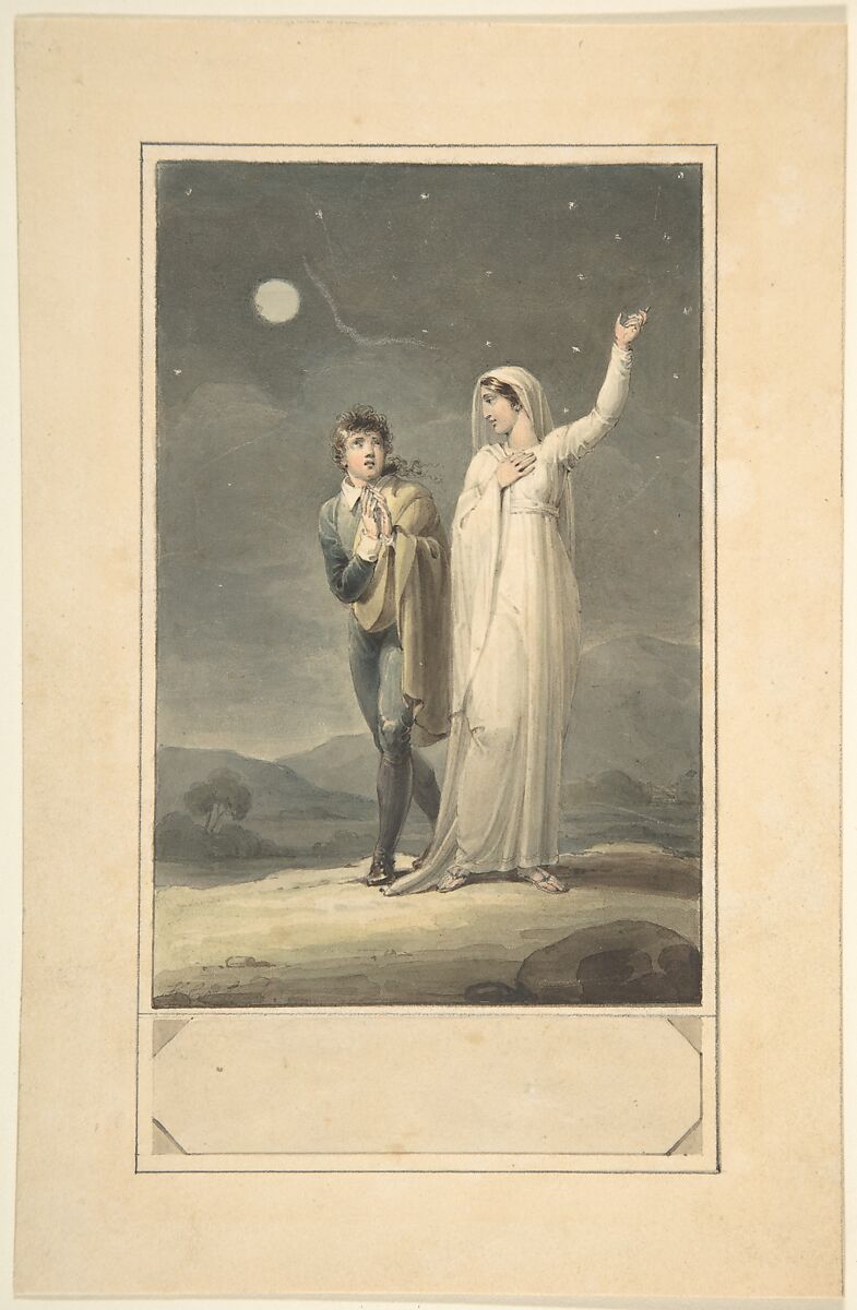 Nocturnal Landscape with Two Figures (design for an engraved book illustration), Henry Corbould (British, London 1787–1844 Robertsbridge, East Sussex), Watercolor, pen and brown ink, graphite 