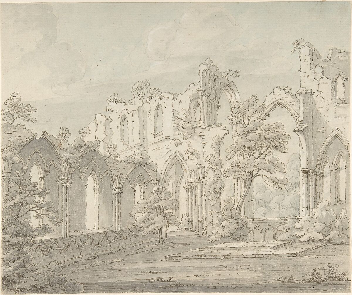 Interior view of Fountains Abbey, Yorkshire, Thomas Sunderland (British, Whittington Hall, Lonsdale 1744–1828 Littlecroft), Pen and ink, brush and blue and gray wash 