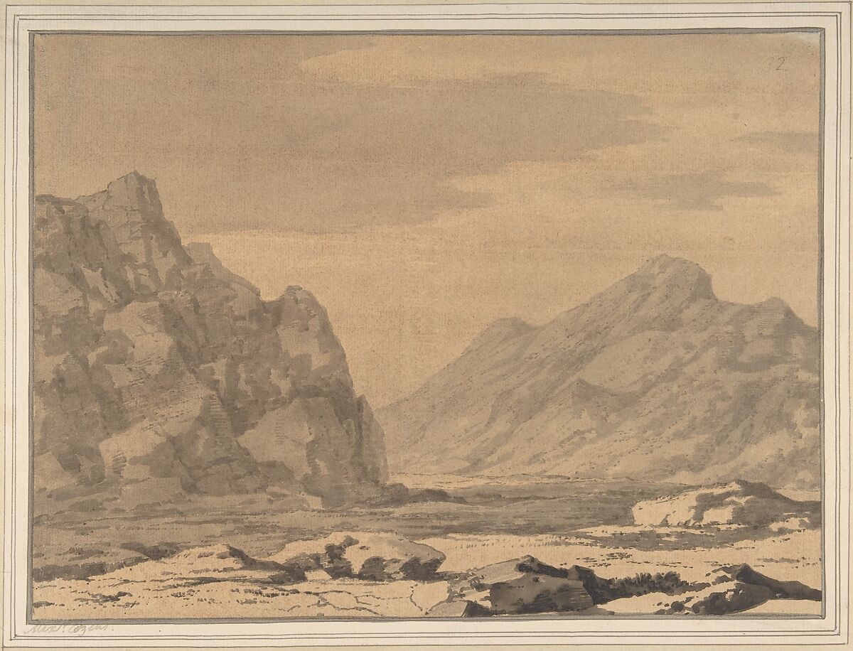 Landscape with Riverbed and Mountains, Alexander Cozens (British, Russia 1717–1786 London), Brush and gray and yellow wash; laid down on original paper mount with gray wash 