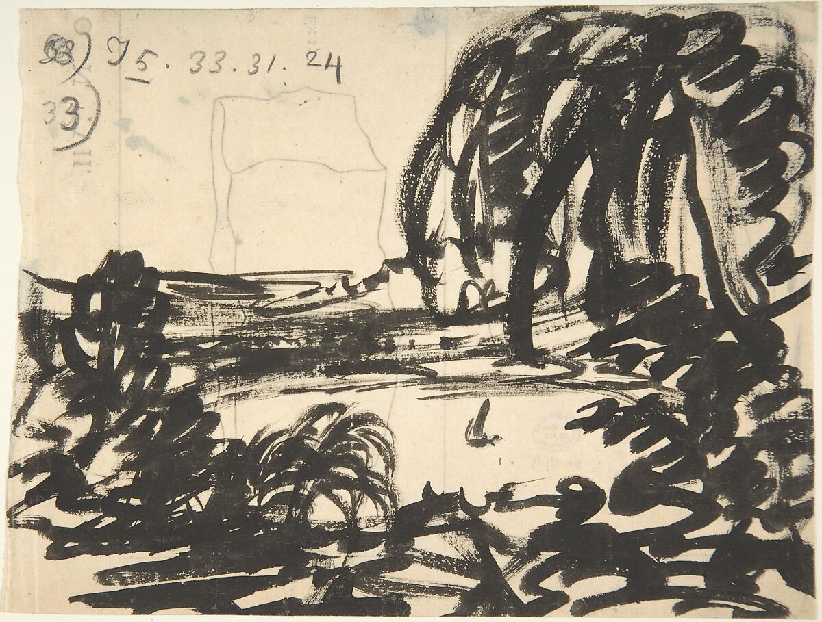 A blot-lake with boat, surrounded by trees, Alexander Cozens (British, Russia 1717–1786 London), Graphite, brush and black ink 