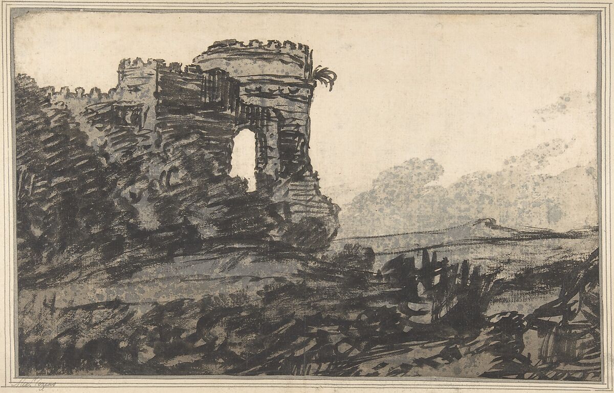 Ruined Castle and Trees, Alexander Cozens (British, Russia 1717–1786 London), Graphite, brush and black ink, gray and brown wash; laid down on original paper mount with gray wash 