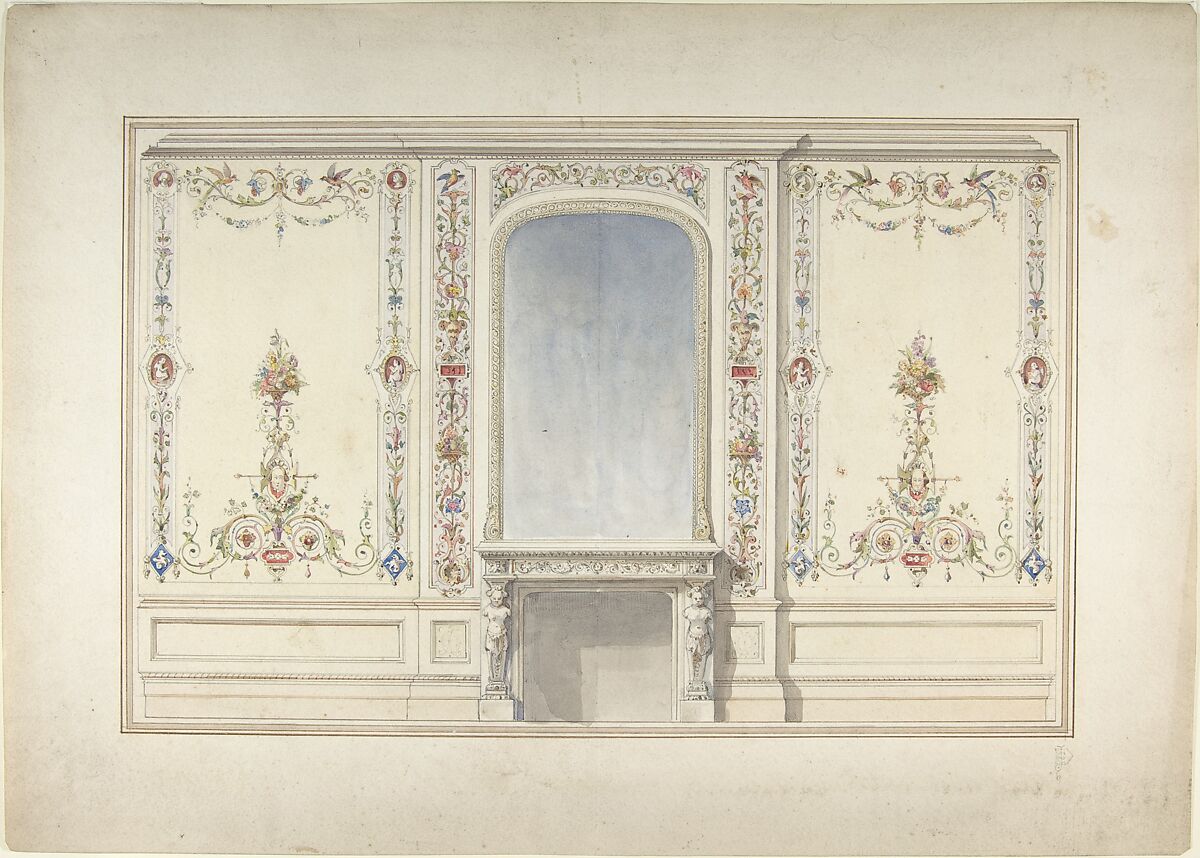 Elevation of Fireplace Wall in an Elizabethan Revival Room, John Dibblee Crace (British, London 1838–1919 London), Pen and black and brown ink, watercolor over graphite 