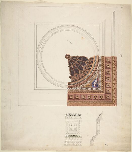 Design for a Stained Glass Window, Attributed to John Dibblee Crace (British, London 1838–1919 London), Pen and black ink, watercolor over graphite with touches of gilt 