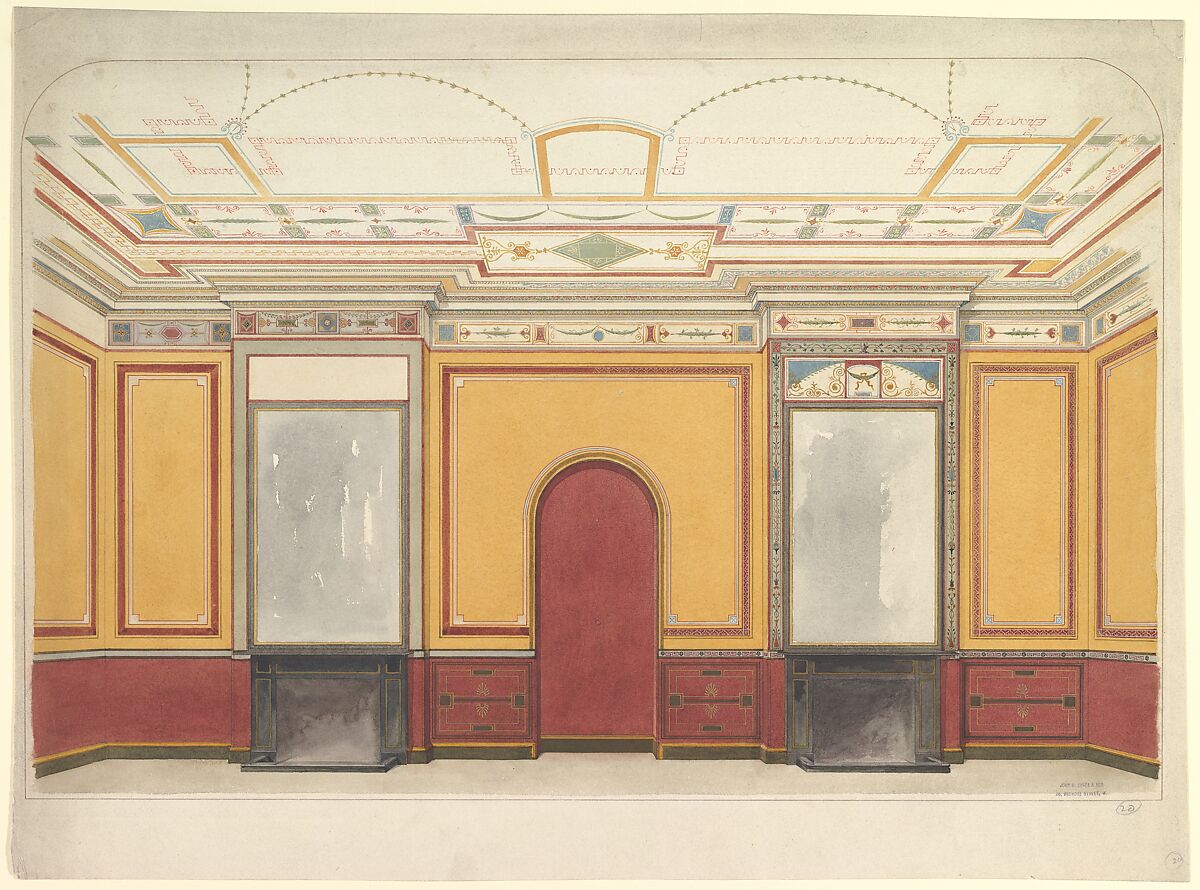 Design for a room with two fireplaces, John Dibblee Crace (British, London 1838–1919 London), Watercolor, gouache (bodycolor), pen and ink 