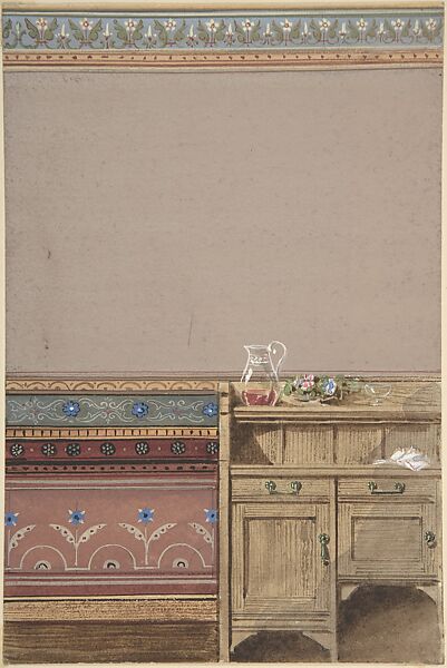 Elevation of a Dining Room Wall with Sideboard, Attributed to John Dibblee Crace (British, London 1838–1919 London), Pen and black ink, watercolor over graphite with touches of gouache (bodycolor) 