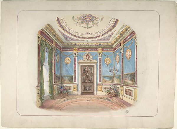 Design for a Room, John Dibblee Crace (British, London 1838–1919 London), Watercolor, pen and brown ink over graphite 