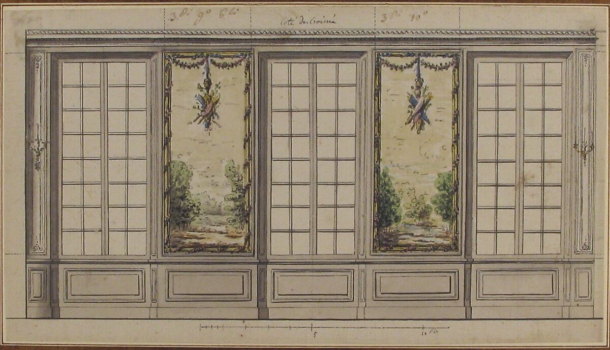 Design for a Windowed Wall with Decorative Panels, Anonymous, French, 18th century, Pen and black ink, brush and gray wash, watercolor, over graphite