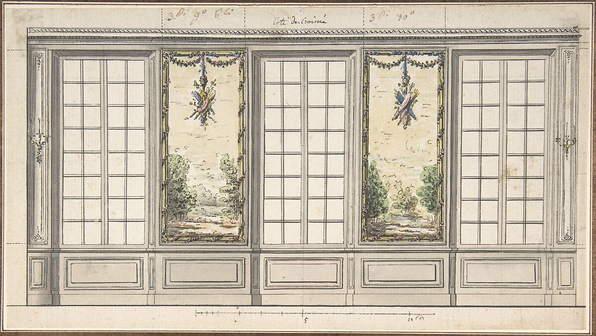 Design for a Windowed Wall with Decorative Panels, Anonymous, French, 18th century, Pen and black ink, brush and gray wash, watercolor, over graphite 