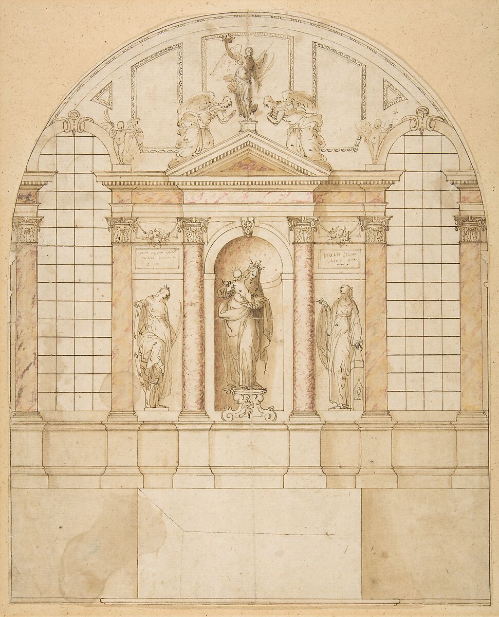 Design for an Altarpiece, Anonymous, French, 18th century, Pen and brown ink, brush and brown and rose wash 