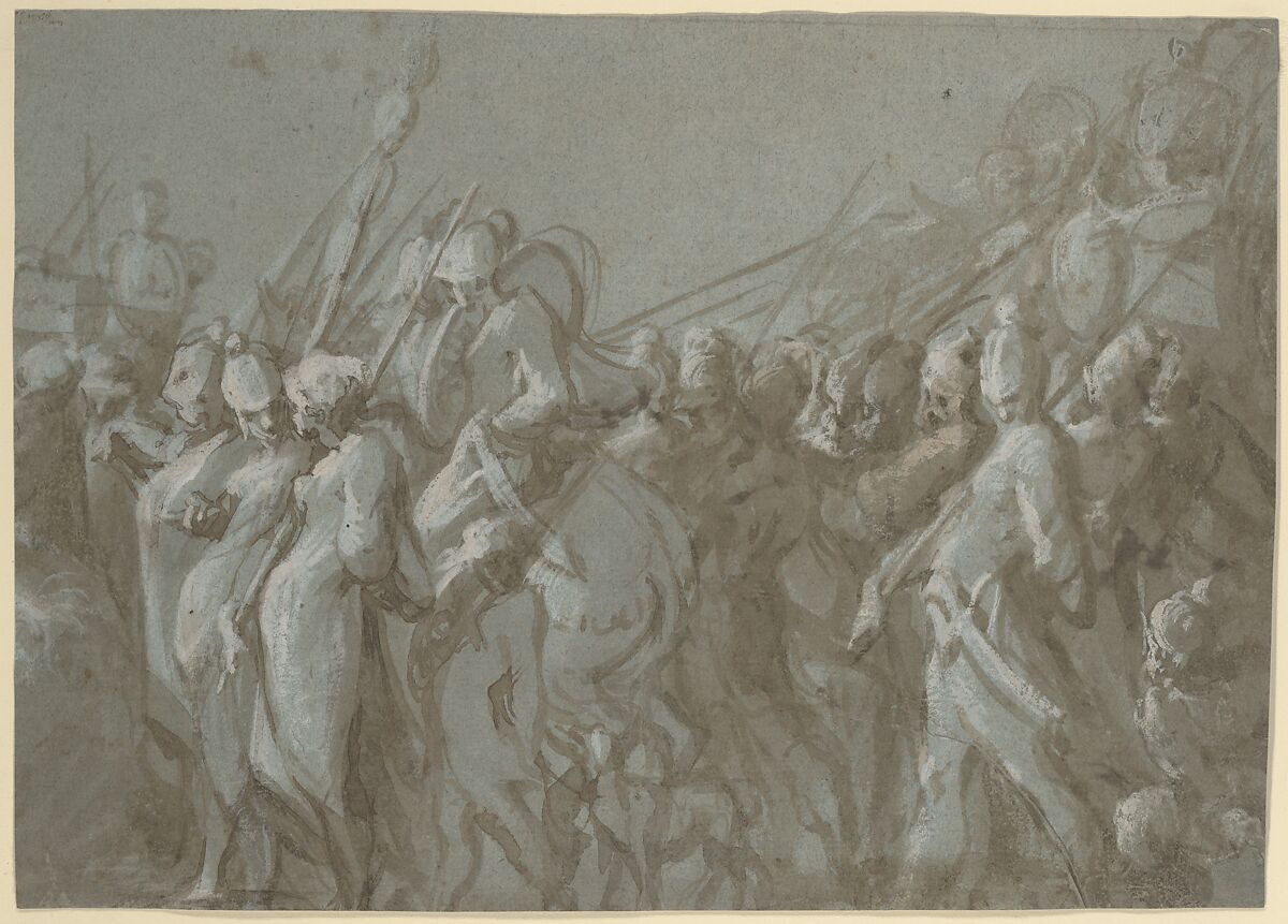 Military Procession, Hans Mont (Netherlandish, ca. 1545–after 1585), Pen and brush and brown ink, heightened with white bodycolor