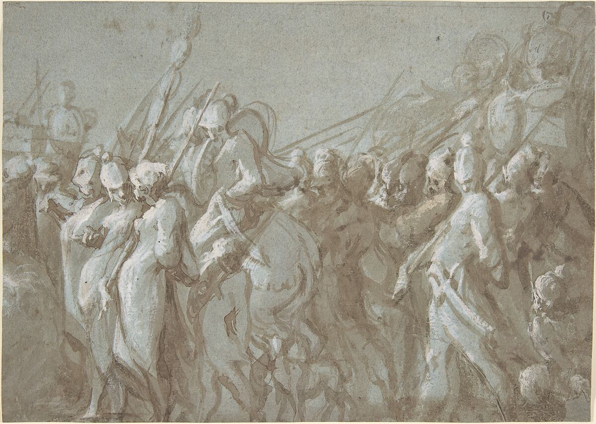 Military Procession, Hans Mont (Netherlandish, ca. 1545–after 1585), Pen and brush and brown ink, heightened with white bodycolor 