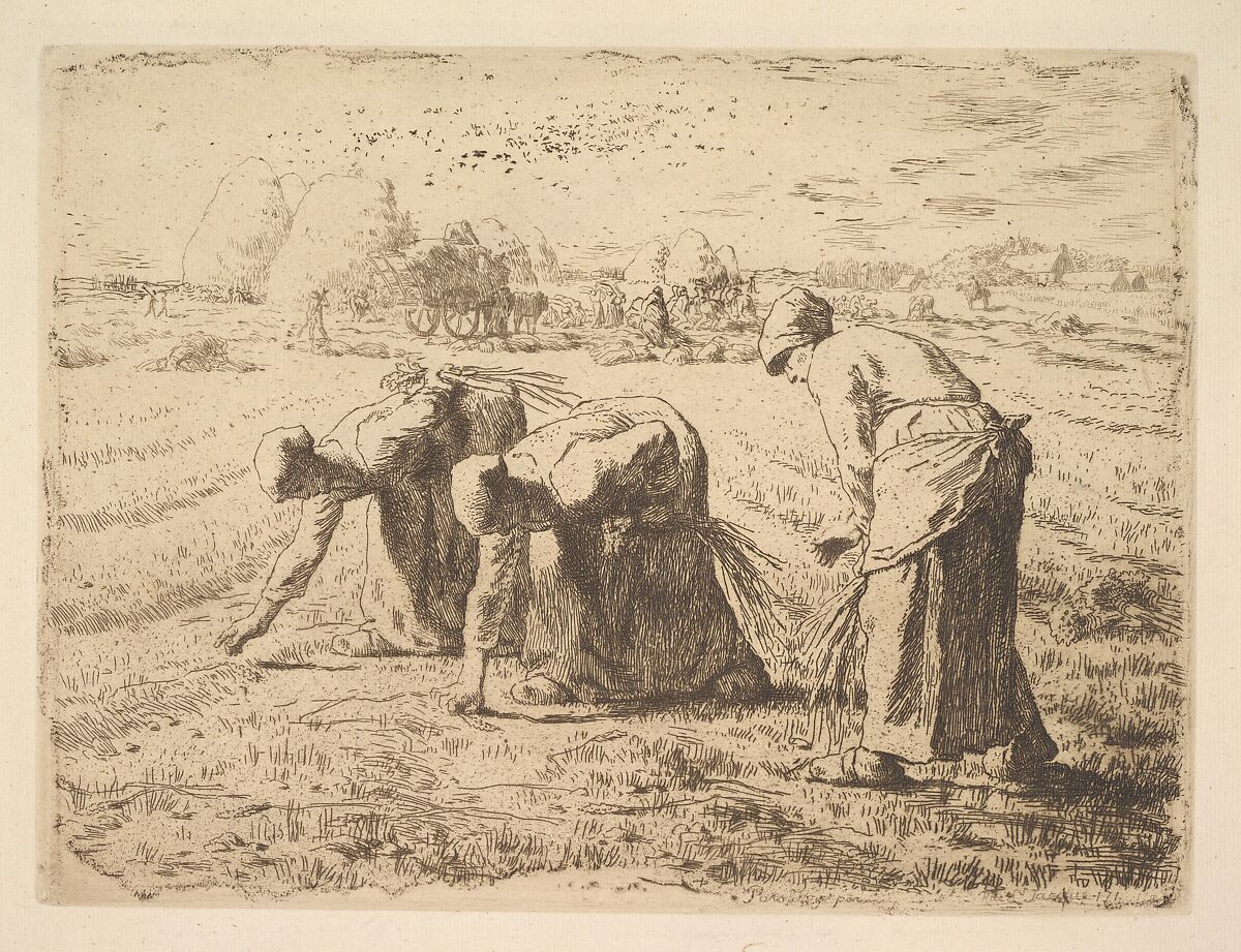 The Gleaners, Jean-François Millet (French, Gruchy 1814–1875 Barbizon), Etching printed in brown/black ink on laid paper; second state of two 