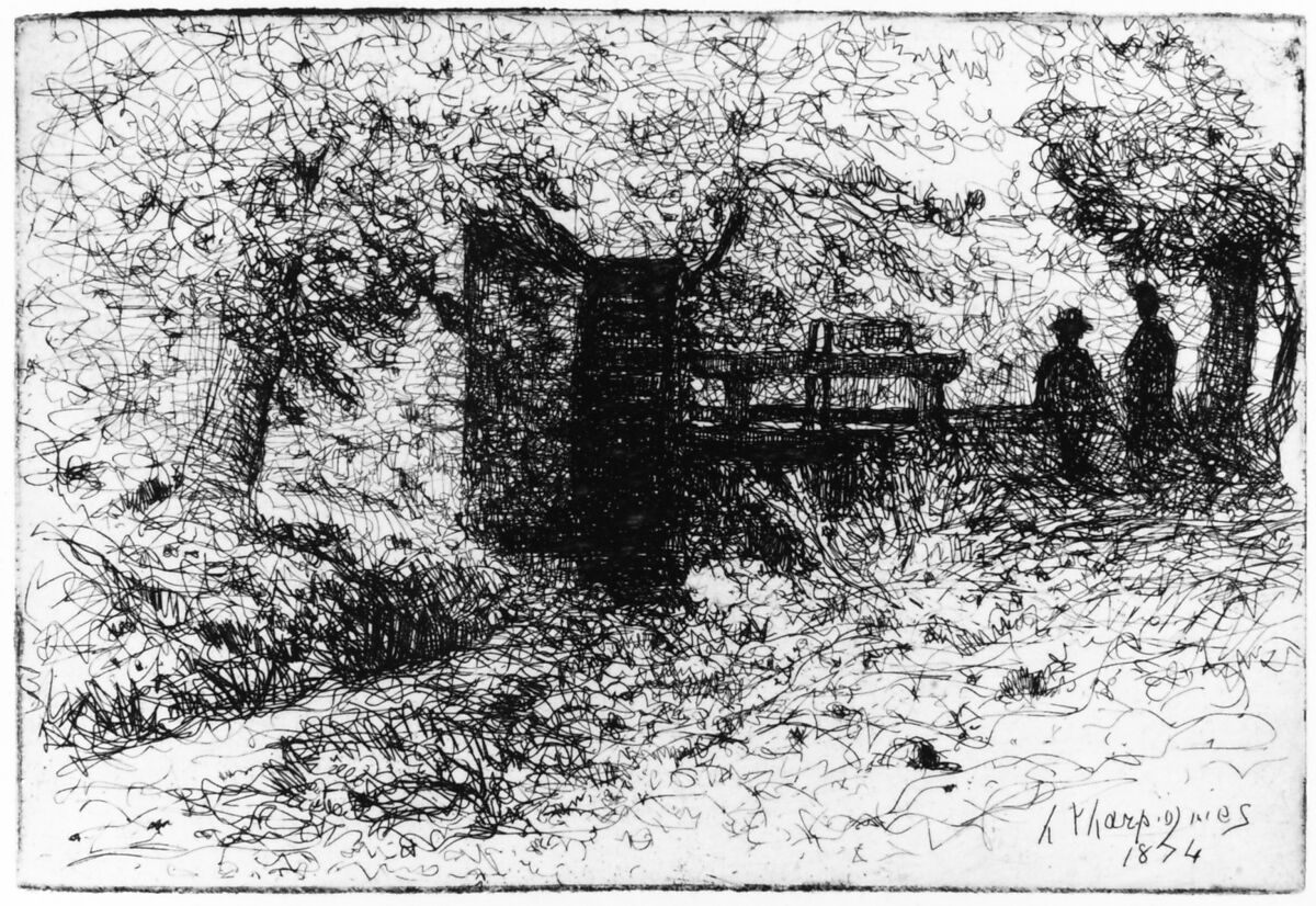 Two Figures by a Small Watergate, Henri-Joseph Harpignies (French, Valenciennes 1819–1916 Saint-Privé), Etching on blue paper 
