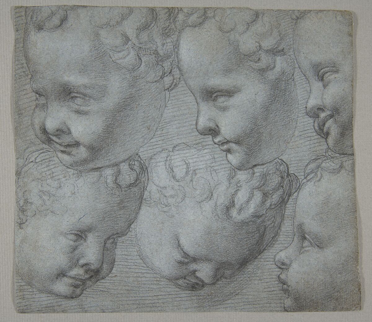 Studies of the Head of an Infant (after a three-dimensional model), Poppi (Francesco Morandini) (Italian, Poppi 1544–1597 Florence), Black chalk on blue paper 