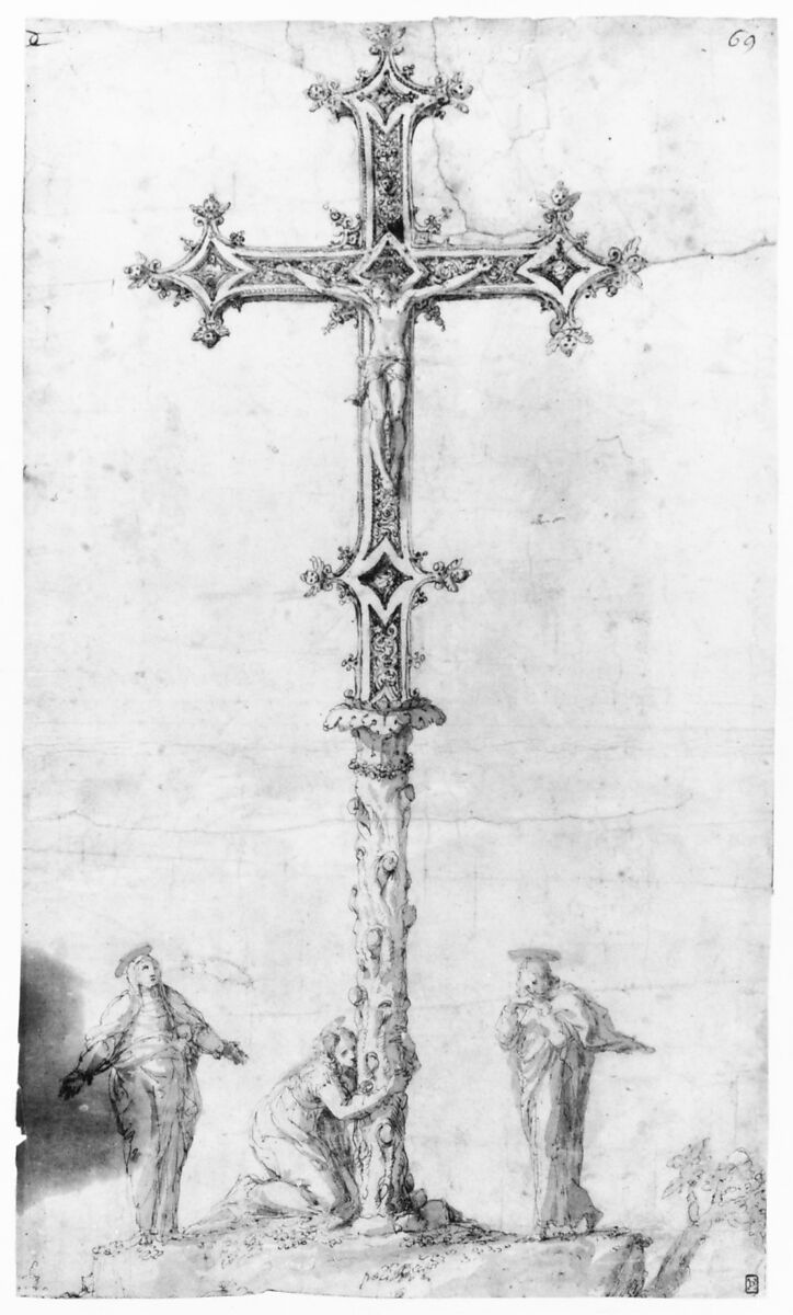 Design for a Crucifix with the Virgin Mary, Saint Mary Magdalen, and Saint John, Polidoro da Caravaggio (Italian, Caravaggio ca. 1499–ca. 1543 Messina), Pen and brown ink, brush and brown wash, over traces of black chalk