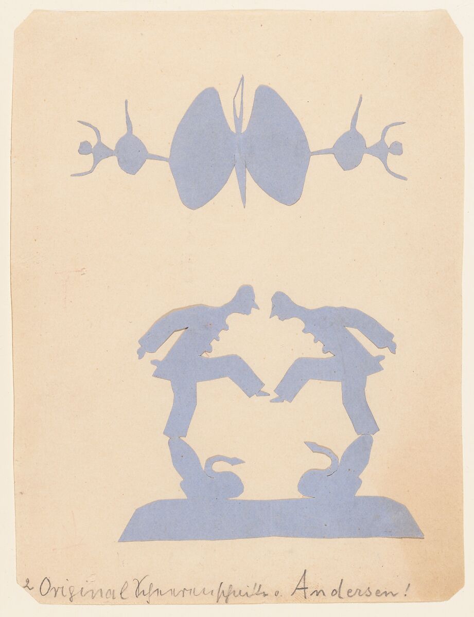 Two Pierrots Balancing on Swans and Two Dancers, Hans Christian Andersen (Danish, Odense 1805–1875 Copenhagen), Cutout in blue paper, mounted on an album sheet 