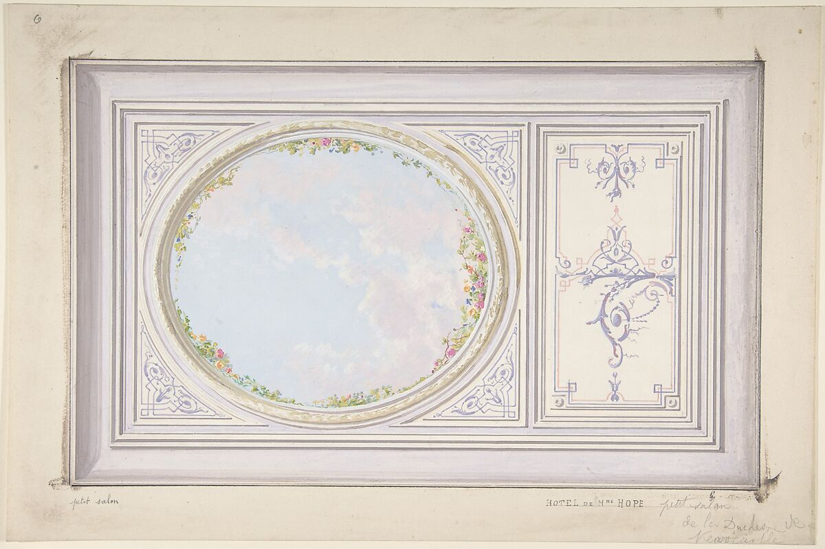 Ceiling Design for the "Petit Salon" of the Duchess of Newcastle, Hôtel Hope, Jules-Edmond-Charles Lachaise (French, died 1897), Gouache 