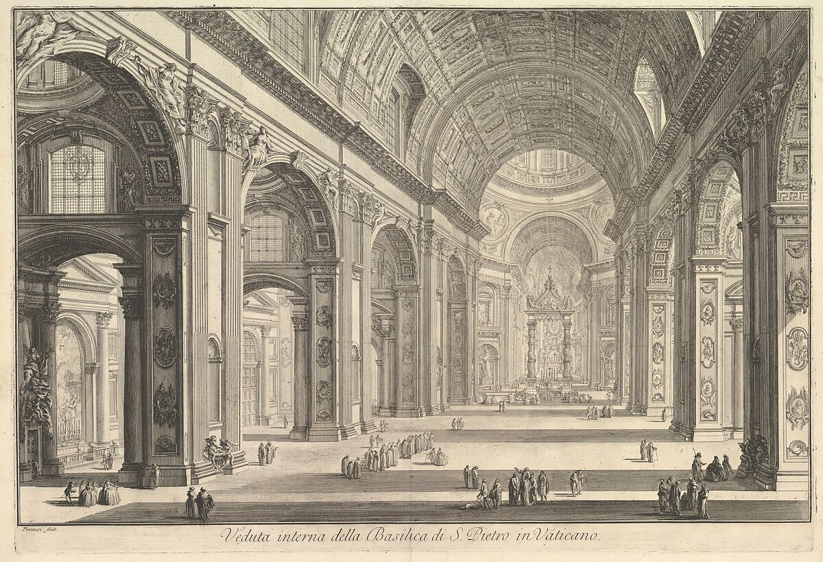 Interior view of St. Peter's Basilica in the Vatican, from "Vedute di Roma" (Roman Views), Giovanni Battista Piranesi (Italian, Mogliano Veneto 1720–1778 Rome), Etching; first state of four (Hind) 